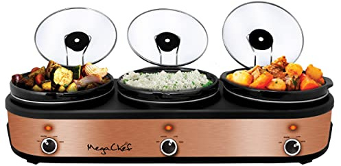 MegaChef Triple 2.5 Quart Slow Cooker and Buffet Server in Brushed Copper and Black Finish with 3 Ceramic Cooking Pots and Removable Lid Rests