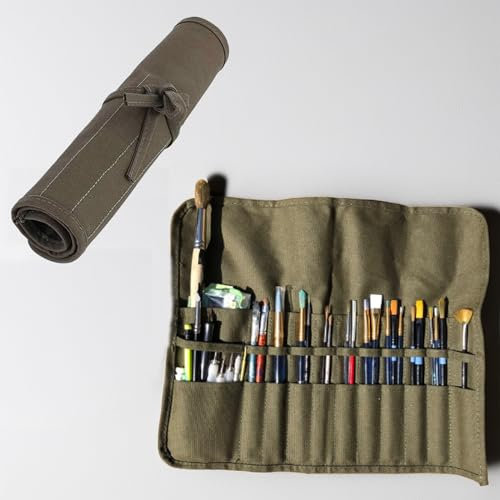 KAZETEC Brush Pouch Roll Up Canvas Paint Brush Holder 22 Slot Pocket Carry Bag,paint brush storage,paint brush holder,outdoor Pencil Storage,Outdoor Cutlery Storage,Holds 60 brushes(green)