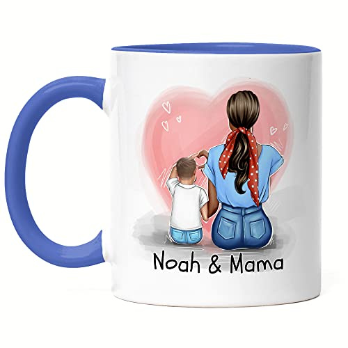 Kiddle-Design Mutter Sohn Tasse Blau Muttertag Personalisiert Name und Frisur Mama und Sohn Geschenk Kinder Kaffeetasse für Mütter Geschenk