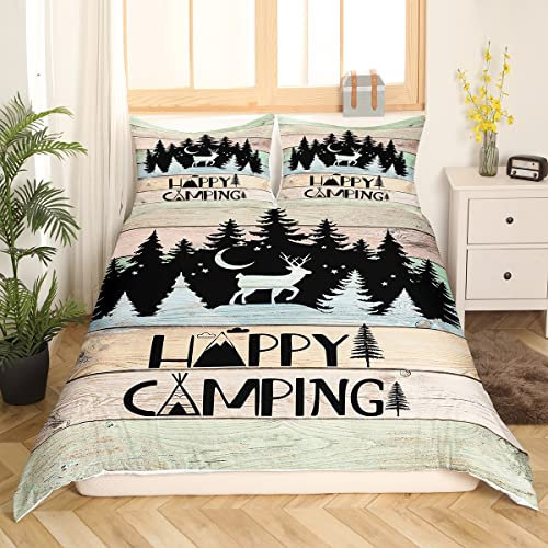 Camper Bettwäsche für Kinder Jungen Mädchen Happy Travel Camping Bettwäsche Sets 135 x 200 Mond Hirsch Bettbezug rustikales Bauernhaus altes Scheunentor Trösterbezug Kiefernbaum Wildtier Bettbezug