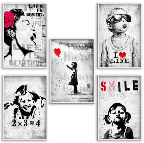 Boikal Collection Bilder Collage Wandbilder ohne Rahmen Poster Set Banksy - Smile - 5-teilig, 15 x 20 cm A5