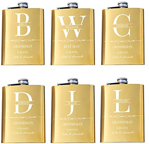 Juego de 6 frascos personalizados de acero inoxidable 304 de 8 onzas para padrinos de boda, regalo de despedida de soltero, regalo de boda, color dorado