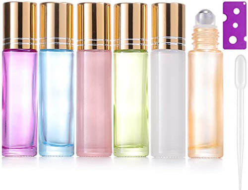 6Pcs, 10ml Essential Oil Roller Bottles, glass roller bottles for essential oils with Stainless Steel Roller Balls & Gold Lids & Bottle Opener, Perfect for Aromatherapy, Essential Oils, Fragrance