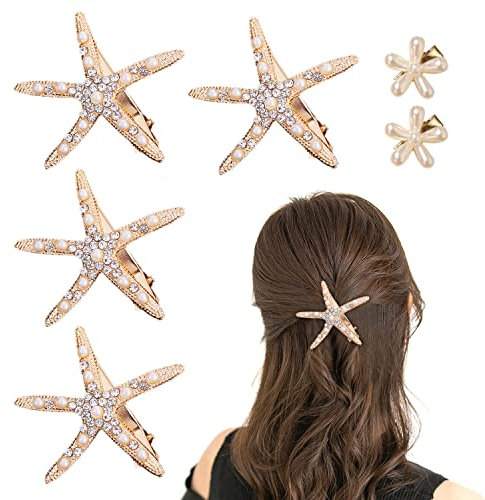 4 Seestern-Haarspangen, 2 Blumen-Haarspangen, Hochzeitsaccessoires Diamant-Haarspangen, eleganter rutschfester Haarschmuck für Mädchen, Blumenmädchen