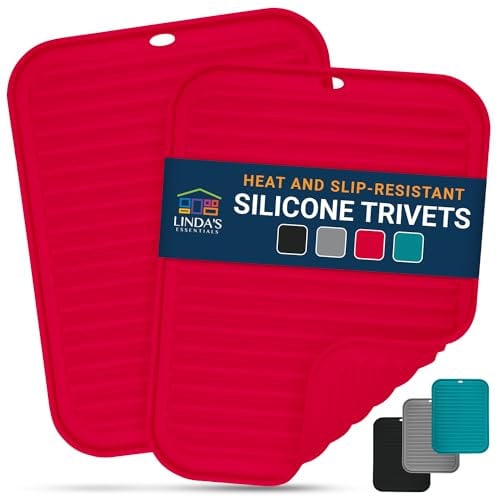 Silicone Trivets for Hot Pans and Pots (2 Pack) - Multipurpose Silicone Heat Resistant Mat and Pot Holder Trivet (30 x 23cm) - Heatproof Mats for Kitchen by Linda's Essentials (Red)