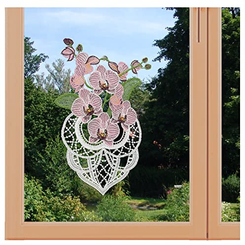 artex deko Allzeit-Fensterbild Orchidee in Rosa Echte Plauener Spitze klassisches Spitzenbild mit Blumen-Motiv 27 x 16 cm