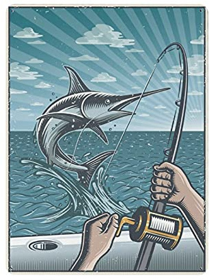 Oudrspo Metallblechschild Go Fishing Deep Sea Fishing Blechschild Metall-Aluminiumschild Vintage Wanddekoration Retro Poster für Bars Restaurants Cafés Pubs Heimdekoration 16x12