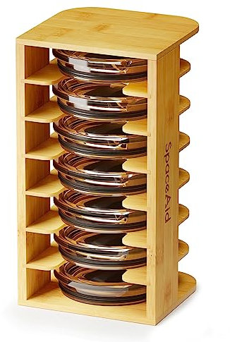 SpaceAid Bamboo Tumbler Lid Organizer, 7-Tier Vertical Stacking, Kitchen Cabinet Organizer, Small, Bamboo (Light Brown)