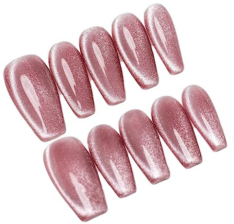 Sun&Beam Nails Handmade Press-on Medium Long Coffin Ballerina Pink Magnet Solid Color glossy Design Fashion False Nail Tips 10 Pcs Set (#089 L)