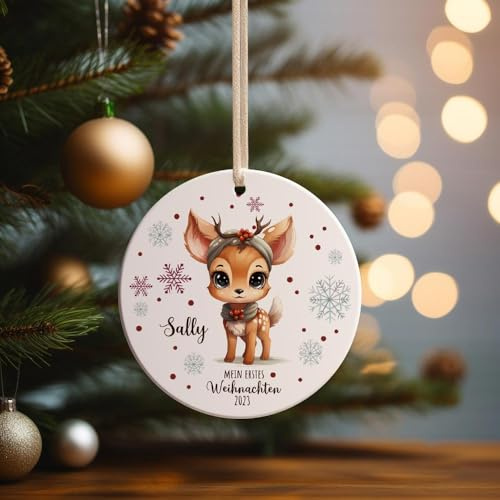 Weihnachtskugel Weihnachtsschmuck Keramik Baumanhänger Mein erstes Weihnachten personalisiert Namen Wunschname REH Haarband Tiere Baumkugel Geschenk wkp45 ilka parey wandtattoo-welt