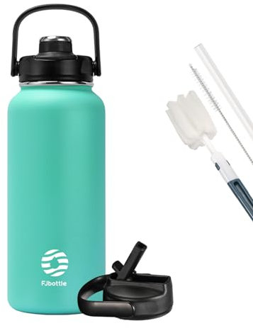 Fjbottle Gourde en acier inoxydable avec paille 950 ml/1200 ml, 2 couvercles sans BPA, Bouteille d'eau anti-fuite – Bouteille isotherme pour le sport, le vélo, l'école, le fitness