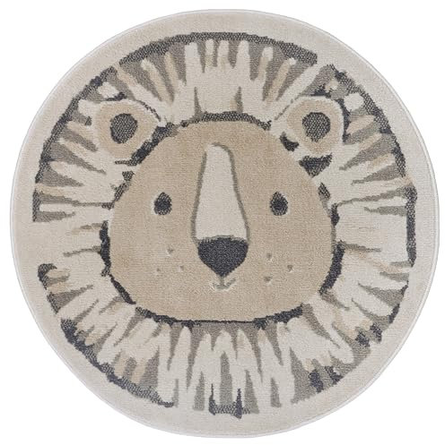 Hanse Home Adventures Kinderteppich Rund - Löwen Muster, Tier Muster Teppich Junge Mädchen für Kinderzimmer, Spielzimmer, Jugendzimmer, Wohnzimmer - Creme Grau, 140cm