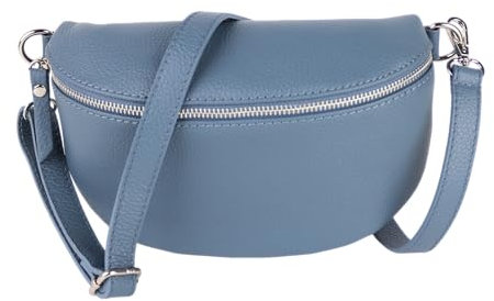 MIRROSI® Bauchtasche Damen, Made in Italy, Echtleder Umhängetasche Echtes Leder, Brusttasche, Crossbody Bag aus Echtem Leder, in 3 Größen erhältlich (Jeansblau Silberner Reißverschluss) (Gr.S)