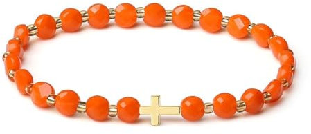 MetJakt Handgefertigtes Original Armband für Damen 6MM Kristall Stretch Halbedelsteine Facettiert Stretcharmband Kreuz Design 18k Vergoldet Damenschmuck (Orange)