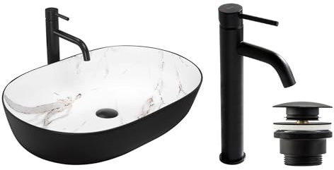 GTM Design Aufzatzwaschbecken mit Armatur-Waschbecken mit Hahn-Waschbeckenarmatur Schwarz - Aufzatzwaschbecken Oval - Waschbecken Weiß Marmor/Schwarz Matt - Aufsatzwaschbecken mit Armatur komplett Set