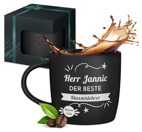 Maverton Keramik Kaffeebecher 400ml mit Gravur, schwarze Kaffeetasse | Aus Matt Keramik mit Henkel, Trinkbecher für Männer zum Geburtstag zu Weihnachten, matt schwarz, Innen schwarz, Lehrer