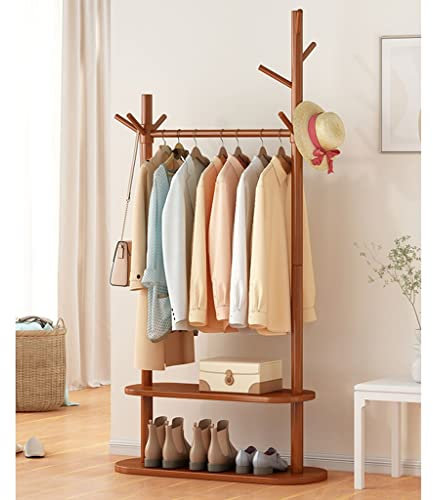 Exquisiter Kleiderstangenständer, Bambus-Garderobenständer mit 2-stufigen Lagerregalen, Kleiderstangenständer mit Schuhregal mit Haken, Regal für Eingangsbereich, Schlafzimmer, Wohnzimmer (Braun).