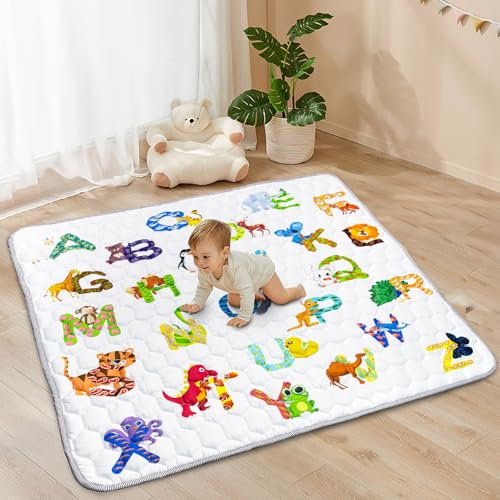 Funsland Tapis de Jeux Bebe, Antidérapant Tapis Rampant Bébé 127x127 cm, Résistant à l'eau Tapis de Motricité Bébé Pliable, Coton Lettre Animaux Tapis Eveil Enfants Epais, Applicable à Clôture