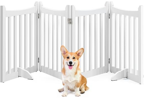 Yaheetech Wooden Dog Gate Indoor 4 Panels Freestanding Pet Fence with Support Feet for Small and Medium Dogs, Stair Barrier for House/Stairs/Doorway (White,61 cm H X 205cm L)