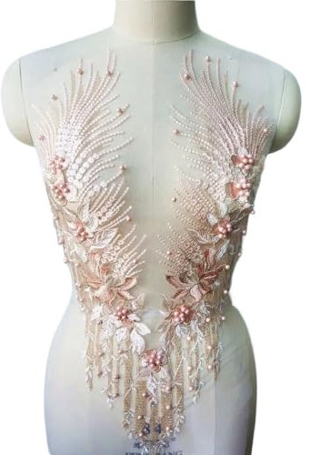 Spitze Stoff Blume Quaste Perlen Strass bestickt Kleid Applikationen Nähen Patch for Hochzeit Dekoration DIY(Apricot Pink)
