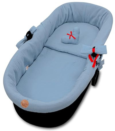 Stubenwagen Umrandung Musselin - Nestchen für Kinderwagen und Buggy Babybett Zubehör Babywanne und Kinderwagenzubehör Set 3-teilig Schonbezug mit Kissen und Einlage Blau