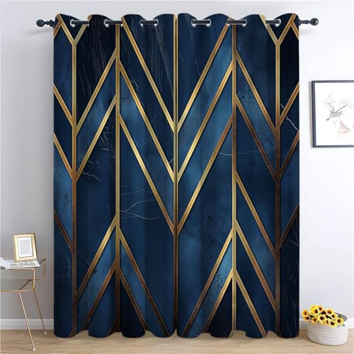 CozyRest Blickdichte Gardinen Goldene Linien Dunkelblaue Geometrie Verdunkelungsvorhang - Lichtundurchlässige Vorhang mit Ösen für Schlafzimmer Geräuschreduzierung 230 x 117 cm, 2er Set