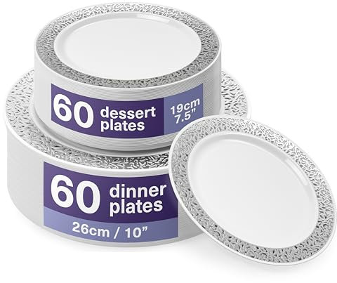 MATANA 120 Platos de Plástico Blanco Premium con Borde Plateado (2 Tamaños: 60 x 26cm, 60 x 19cm) - Elegantes, Resistentes y Reutilizables - Bodas, Cumpleaños, Barbacoas, Navidad, Fiestas