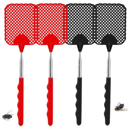 TAKUZA Fliegenklatsche 4 Stück, Fliegenklatsche Ausziehbar, fliegenklatsche stabil, für Verwendet, um Fliegen, Wespen, Mücken Und Andere Insekten Abzuwehren (Schwarz, Rot)