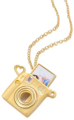Personalised Heart Locket Necklace with Photo and Name - Custom Engraved Birthday Flower and Text Picture Pendant Necklace for Women - Birthday Christmas Gifts for Mom Wife Girlfriend (Camera)