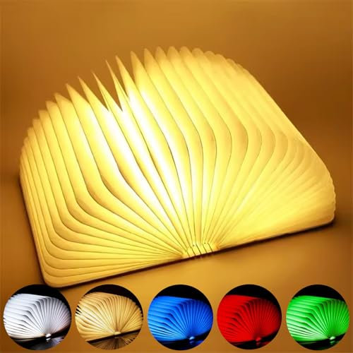 SHUBEIEUMI Libro Lámpara LED, Lámpara de Libro Plegable de 5 Colores, Luces Plegables de Madera 360°, Portátil Luz Lectura/Decorativa, USB Lámpara Portatil de Libro Recargable