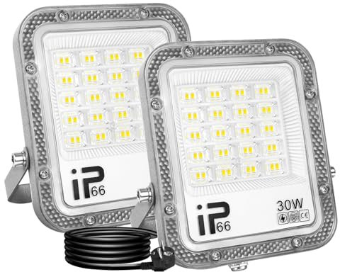 SKYWORLD 2Pcs 30W Strahler Außen, 3000LM LED Strahler mit Stecker, 6000K Kaltweiß Außenstrahler, IP66 Wasserdicht LED Fluter Scheinwerfer Flutlicht für Garten, Innenhöfe, Garage, Terrassen, Hof