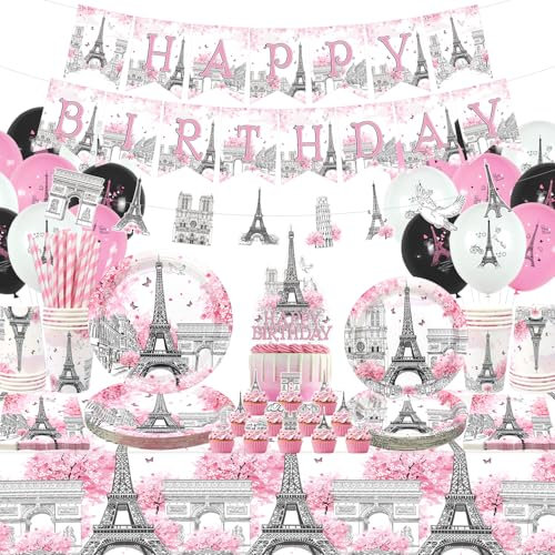LSJDEER Paris Eiffelturm Geburtstag Party Dekorationen, Teller Tassen Servietten Tischdecke Happy Birthday Banner Ballon Kuchen Toppers für Paris Motto Party Dekorationen, Serves 20