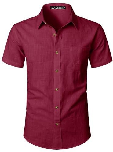PARKLEES Men's Fitted Cotton Linen Casual Short Sleeve Button Up Shirts Lightweight Beach Tops with Pocket Wine Red L