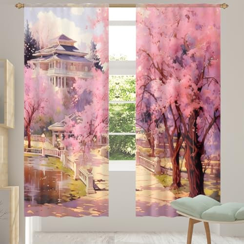 MPTPTM Window Curtains, Pink Tree House Lightweight Light Filtering Curtains for Kitchen Living Room Patio 55 * 84in*2