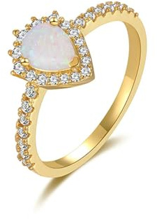 Gualiy Echt Gold Ring 14 K, Gelbgold Verlobungsring mit Opal und Moissanit Damenring Größe 52