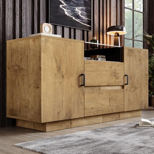 TOBIDOEN Kommode Eichenoptik 140 cm Breite mit 2 Schubladen + 2 Schränken, Sideboard mit Höhenverstellbares Regal und Offenem Ablagefach mit Glas, Schwarze Griffe, Spanplatte, Eiche