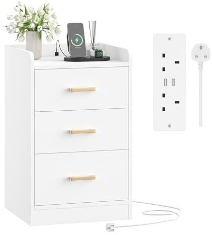 FirFurd Nachttisch mit Steckdose Beistelltisch Nachtschrank Kommode mit 3 Schubladen 2 AC-Steckdosen und 2 USB-Anschlüsse, für Schlafzimmer Wohnzimmer Arbeitszimmer, 40 x 38 x 66 cm weiß