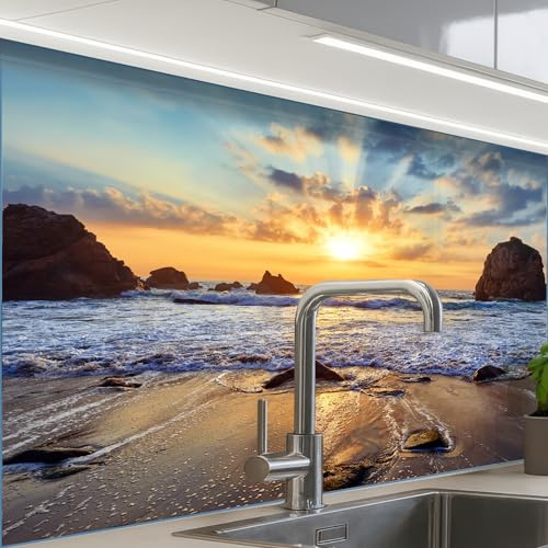 KitchenYeah© Credence Adhesive Pour Cuisine Panneau Mural Adhesif Fond De | 60x80 cm - Hotte Plaque Pvc Murale Peel And Stick Protege Mur Coucher soleil - Mer - Plage - Paysage