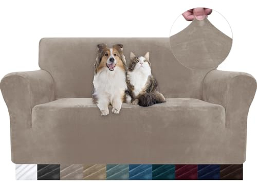 YSTELLAA Samt Sofa Überzug 2 Sitzer, Stretch Sofahusse Universal, Sofaschoner rutschfest, Sofa Covers Mit Armlehne, Couch Bezug Schutz Katze, Waschbare Couchschoner, Khaki