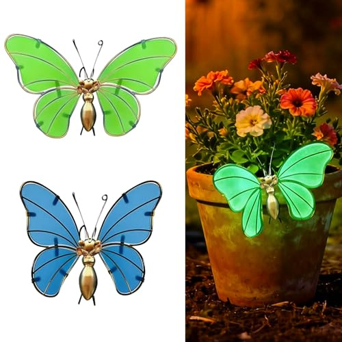 2 Stück Frühling Schmetterling Leuchtend Deko Garten, Gartendeko Schmetterlinge Blumentopf Hängende Deko Für Draußen, Garten Deko Leuchtet im Dunkeln Schmetterlings Aus Metall Für Terrasse Balkon (B)