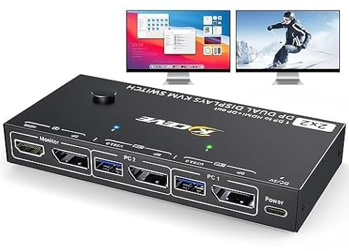 MST Displayport KVM Switch 2 Monitores 2 Computadoras 4K @100Hz, 1 DP in, DP+HDMI Out, Dual Monitor KVM Displayport 1.4 con 4 puertos USB 3.0 para dispositivo USB, control remoto con cable y 4 cables