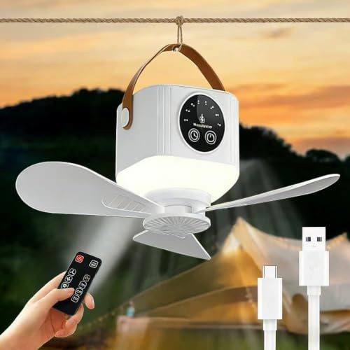 TUIBEIDAMAI Lámpara Ventilador Techo con Luz LED, USB Recargable Lámpara Ventilador con Mando a Distancia, Temporizador, Velocidades, Ventilador de Techo Portátil Camping
