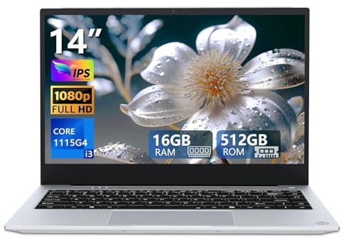 DIAKUOE 14.1 Pollici PC Portatile, Notebook Core i3-1115G4 Processor, Win 11 Notebook 16GB RAM 512GB SSD, Laptop con Type-C, USB3.2, Mini-HDMI, WiFi 6, FHD 1920 * 1080P Schermo, 7000mAh/7.6V Batteria