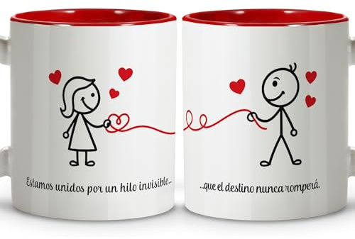 Pack of 2 Personalised Valentines Mugs Red Thread. Original Mugs for Men and Women. Original Gifts for Couples. Gift for Valentine's Day, Women. Ceramic 330 ml. Red Wire