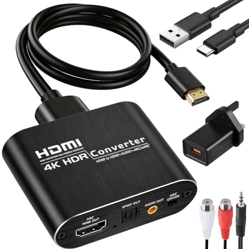 HDMI 2.0 HDR Audio Extractor Splitter 4K 60Hz Supplied with 1.2m HDMI Cable | DC 5V Plug, ARC Optical SPDIF, 3.5mm AUX Stereo Audio Out, Supports TV 2CH 5.1CH, HDCP 2.2 1080P 3D for TV Soundbar Monitor