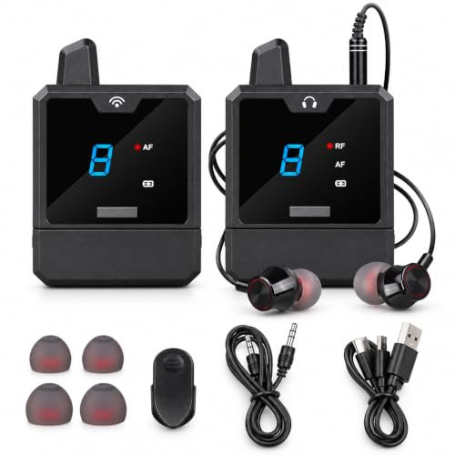Sistema di monitoraggio in-ear senza fili con radio UHF, portata di 30 m e cancellazione del rumore per performance sul palco e conferenze, nero (1 a 1)