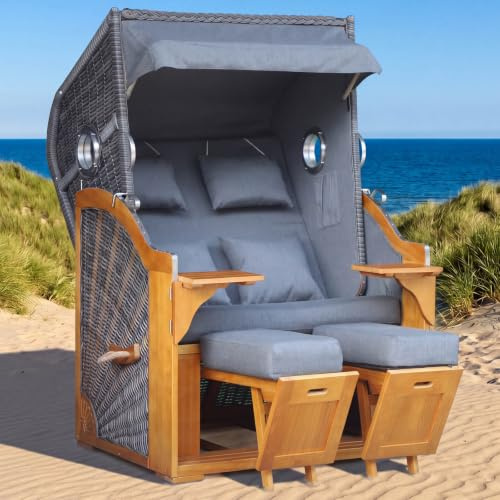BRAST Strandkorb Ocean View Prestige | 123cm Breite | 3 Designs | inkl. Premium-Schutzhaube, Pinien Vollholz, UV-beständig, verstellbare Rückenlehne, ausziehbare Fußbänke | Grau