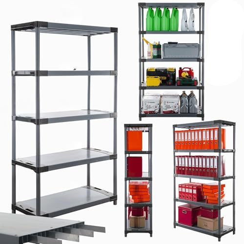 MODO24 Verstärktes Kunststoffregal Tytan 180x110x46 cm, 5 Ablagen à 160 kg | Schwerlastregal mit Metallverstärkung, für Keller, Garage, Werkstatt, Vorratsraum, modular erweiterbar, Farbe: Grau