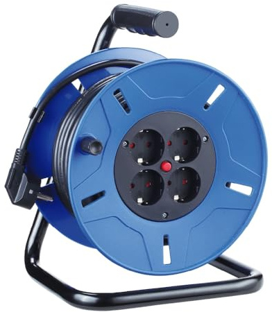 EDM® Kabeltrommel 25m - Kabel 3x1,5mm mit 4 IP20 Steckdosen und Thermoschutz - Gartenkabeltrommel - Spannung 230V, Stromstärke 16A, Schwarz