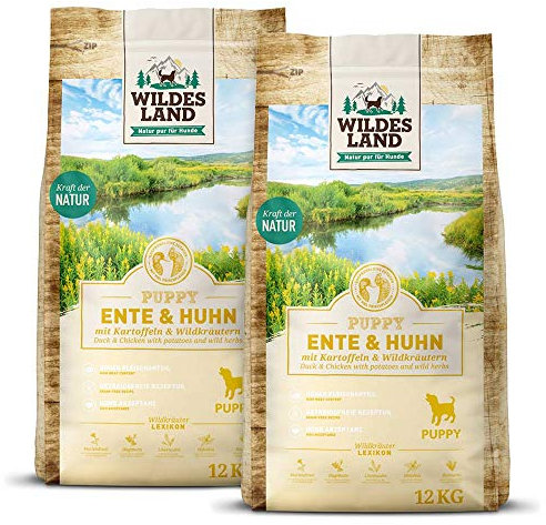 Wildes Land - Nr. 8 Puppy Ente & Huhn - 24 kg - mit Kartoffeln und Wildkräutern - Glutenfrei - Trockenfutter für Hunde - Hundefutter mit hohem Fleischanteil - Hohe Verträglichkeit